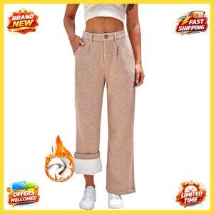 Fleece Lined Thermal Flannel Wide Leg Pants Winter Cozy Elegant Casual